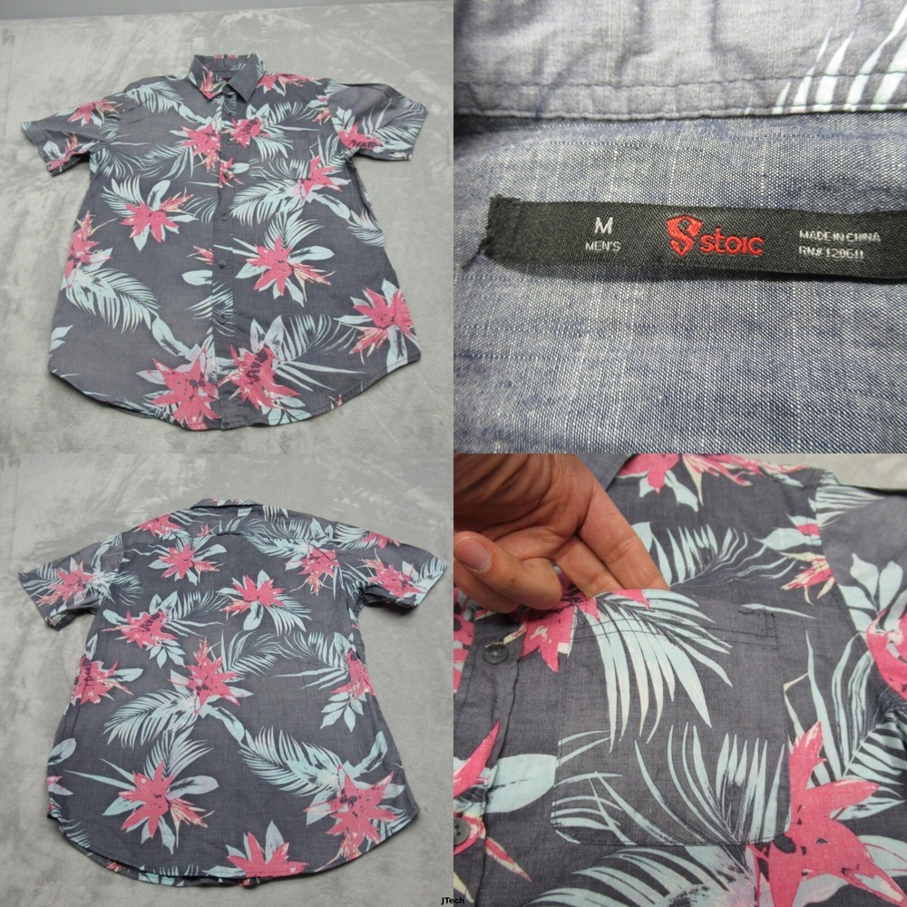 Stoic Shirt Men Medium Gray Floral Hawaiian Button Up Short Sleeve Casual Hiking